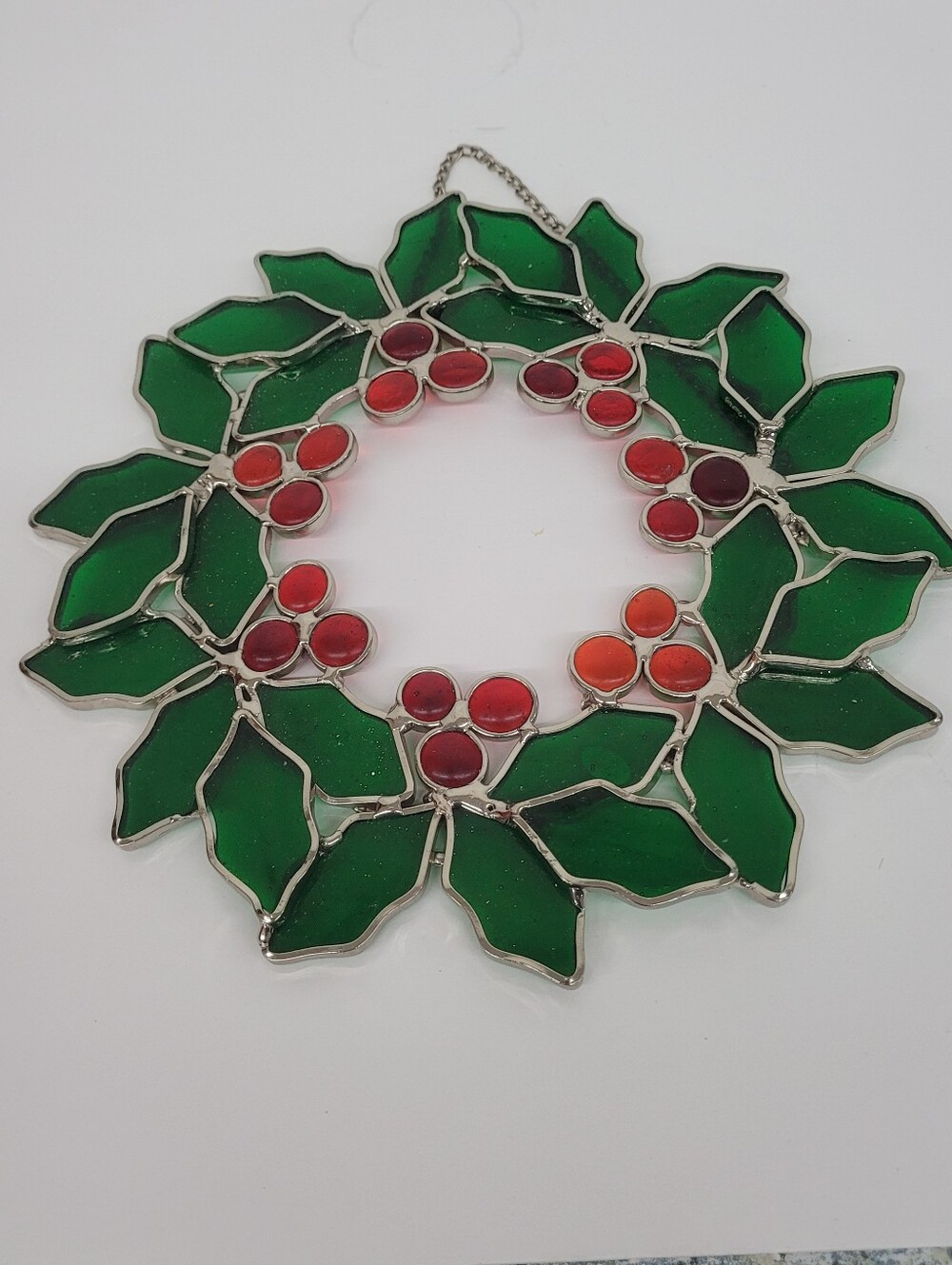 Stained Glass Holly Berry Wreath Suncatcher
